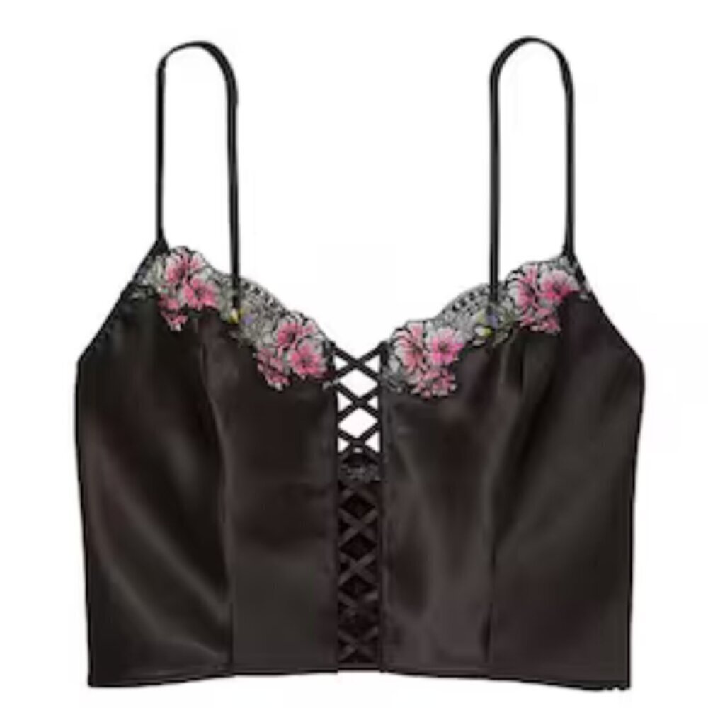 New! Victoria' s Secret Satin Pink Floral Lace Up Cami Crop Tank 20019